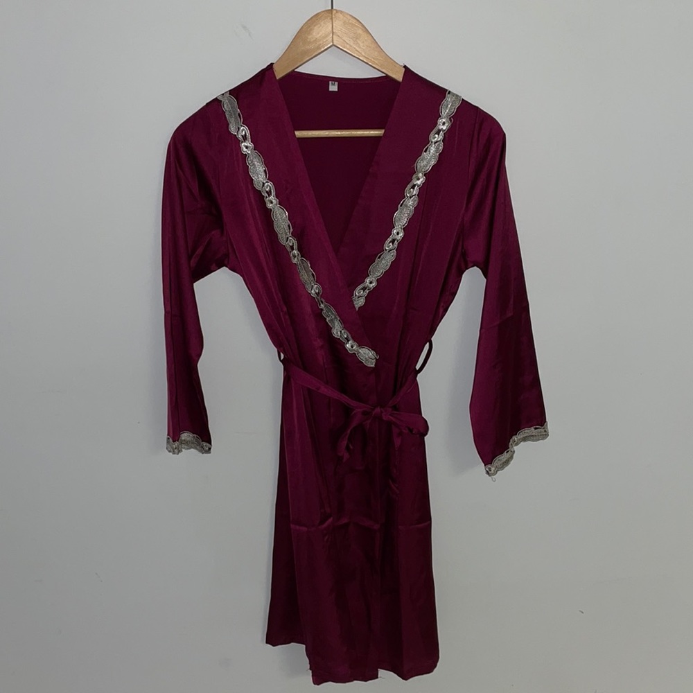 Maroon silky robe with cute detail